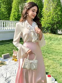 Modelyn 女士优雅纯色荷叶边喇叭袖衬衫