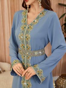 Al Najma Elegant Women's Floral Print Long Sleeve Arabic Style Maxi Dress Kaftan Jalabiya Dress - Mauve Purple - View 3