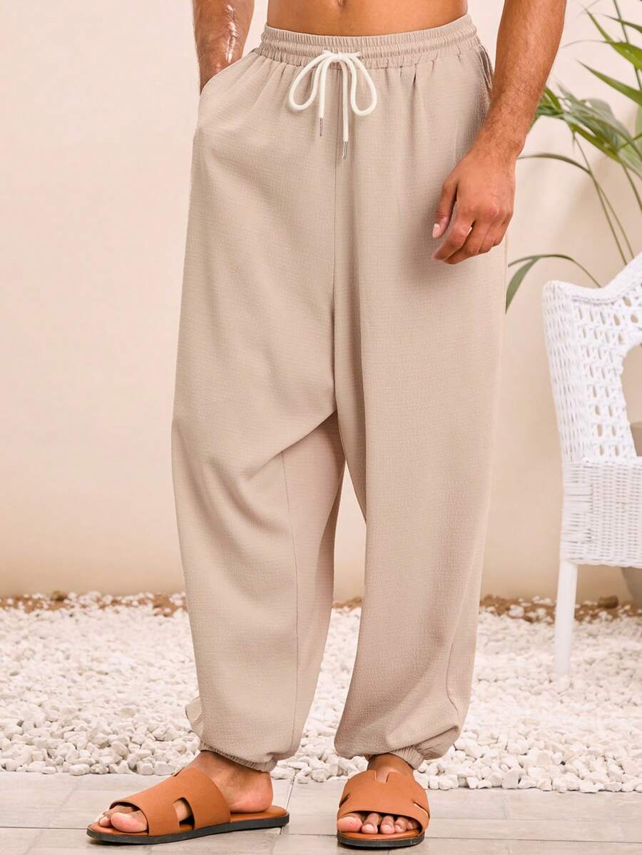 Manfinity VCAY Men's Woven Casual Daily Young Loose Solid Color Elastic Waist Straight Leg Track Pants - Coffee Brown - View 1