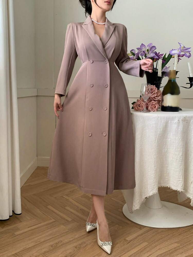 Solid Color Puff Sleeve Stand Collar Mid-Length Dress For Women,Fall Dress Long Sleeve Dress Maxi Dress