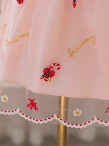 SHEIN Glamorique Kids 年轻女孩的草莓花卉刺绣网眼连衣裙，适合夏季度假、聚会、外出 - 粉色 - 查看 4