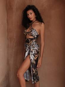 Swim Oasis Springbreak Summer Vacation Retro Printed Criss-Cross Adjustable Straps One-Piece Swimsuit & Long Tie Front Vintage High-Low Hem Beach Skirt 2 Pieces Boho Festival Set - Multicolor - View 2