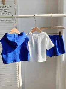 SHEIN Ensemble de 3 pièces pour bébés garçons/filles: Top à capuche tricoté à motif souriant, Top pull à manches courtes col rond tricoté, et short à taille élastiquée