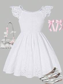 SHEIN Tween Girls Ruffles Sleeve Mid-Length White Cinched Waist Dress, Summer - White - View 4