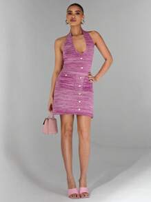 Glamine Vestido de punto a cuadros con corbata de cuello para mujer