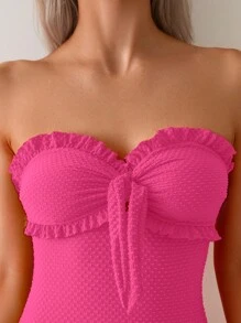 Swim Basics Women's Summer Beach Black Textured Fabric Ruffle Trim Bandeau One-Piece Swimsuit With Waist Drawstring