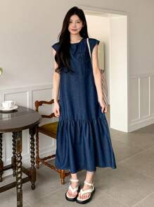 DAZY Women's Round Neck Ruffle Hem Long Denim Dress Sundress - Dark Wash - View 2