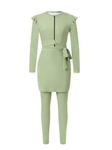 Swim Shayni Bộ đồ bơi và bikini màu trơn cổ tròn tay dài xếp nếp ngực mới cho nữ mùa hè - xanh quân đội - Xem 3