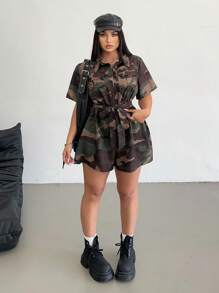 Flirla Plus Size Women Street-Style Casual Camo Print Jumpsuit