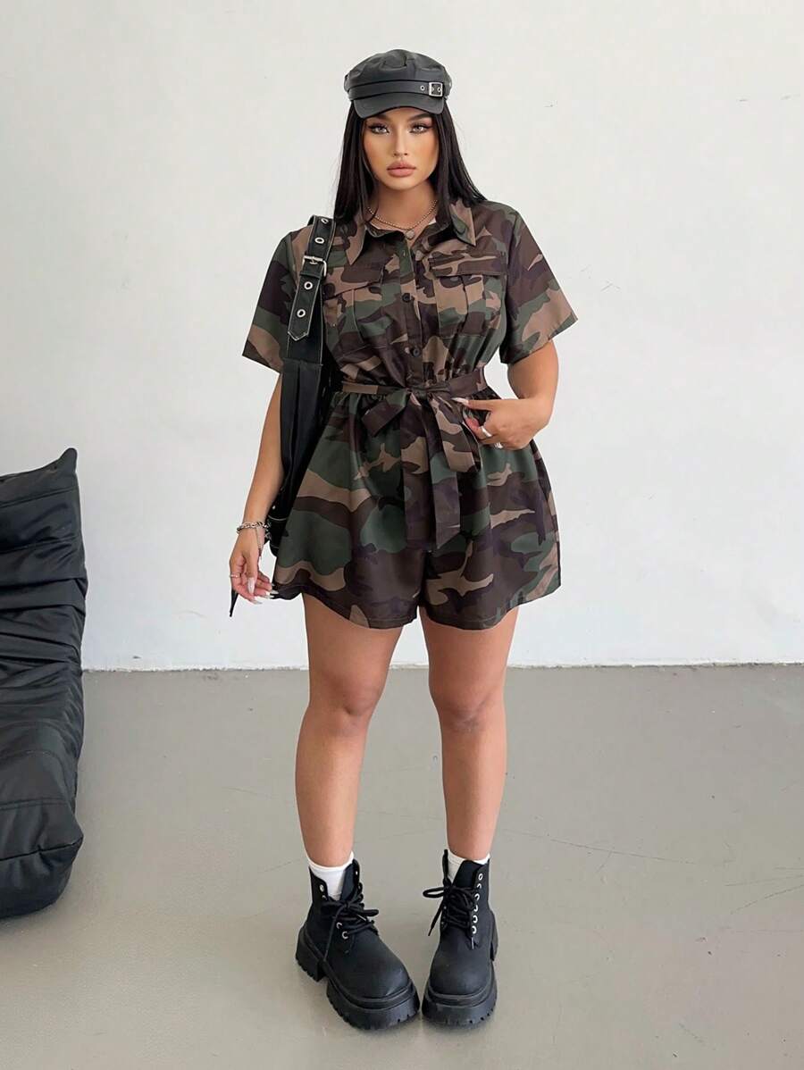 Flirla Plus Size Women Street-Style Casual Camo Print Jumpsuit