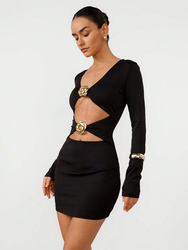 Aveloria Modichic Robe moulante tricotée mini avec décoration métallique de papillon creuse, manches longues, design épousant les courbes pour femmes