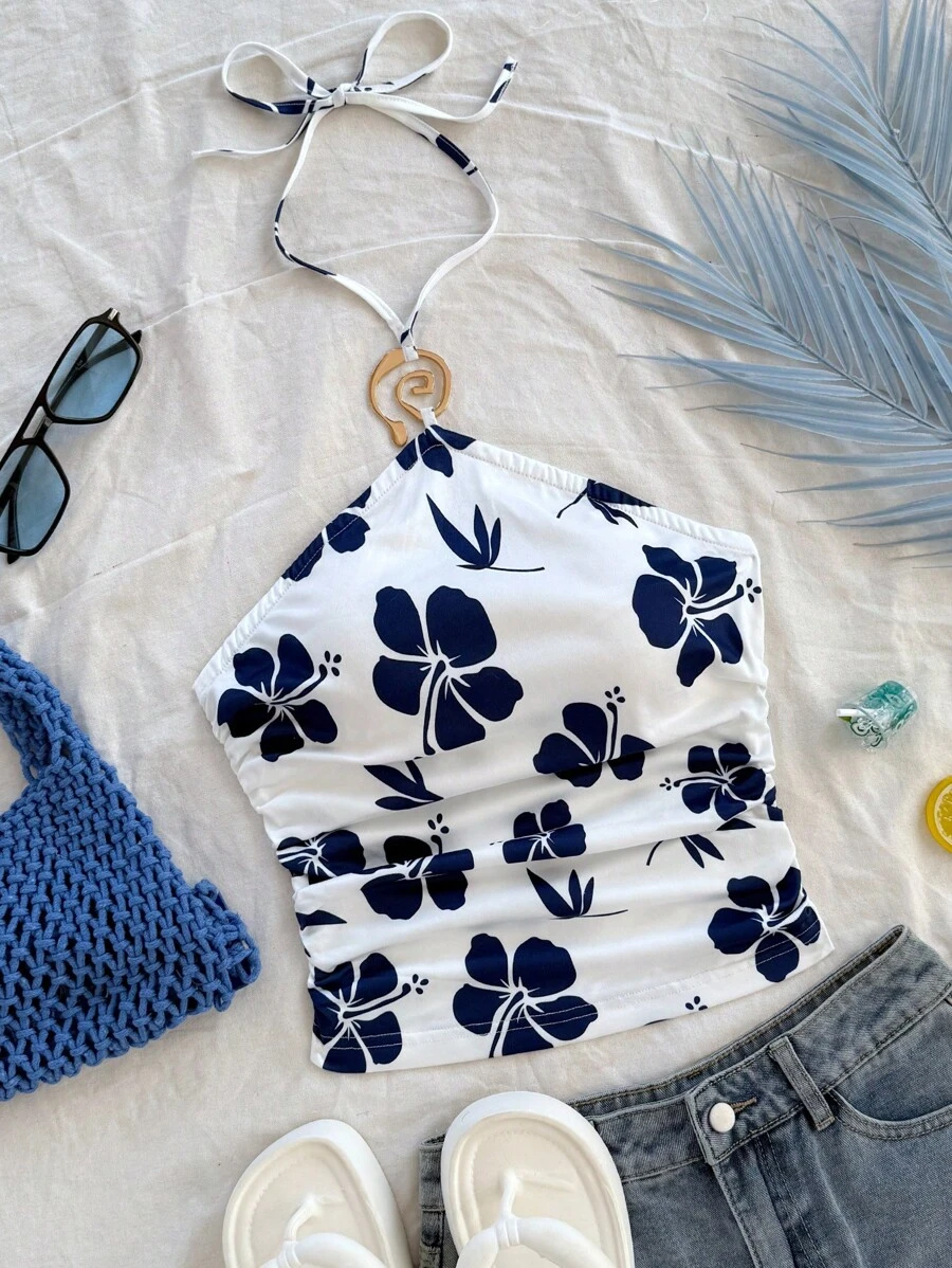 Soleia Áo hai dây cổ khoét sâu xếp ly trang trí kim loại mới, Old Money, Phụ nữ đi hòa nhạc, Thánh Patrick, Kỳ nghỉ xuân, Boho, Phù hợp với Ibiza - Xanh và trắng - Xem 1