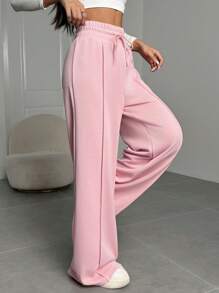 SHEIN Tall CURVE Quần dài ống rộng thời trang rộng rãi thoải mái có dây rút cho nữ cỡ lớn - Hồng - Xem 5