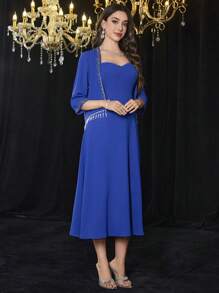 Modelyn Fringed Beaded Sash Cropped Top & Slip Dress, Solid Color - Blue - View 4