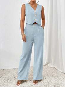 Chiquease Conjunto de Uniforme Casual, Colete na Cor Sólida e Calça Comprida - Azul bebê - Visão 6