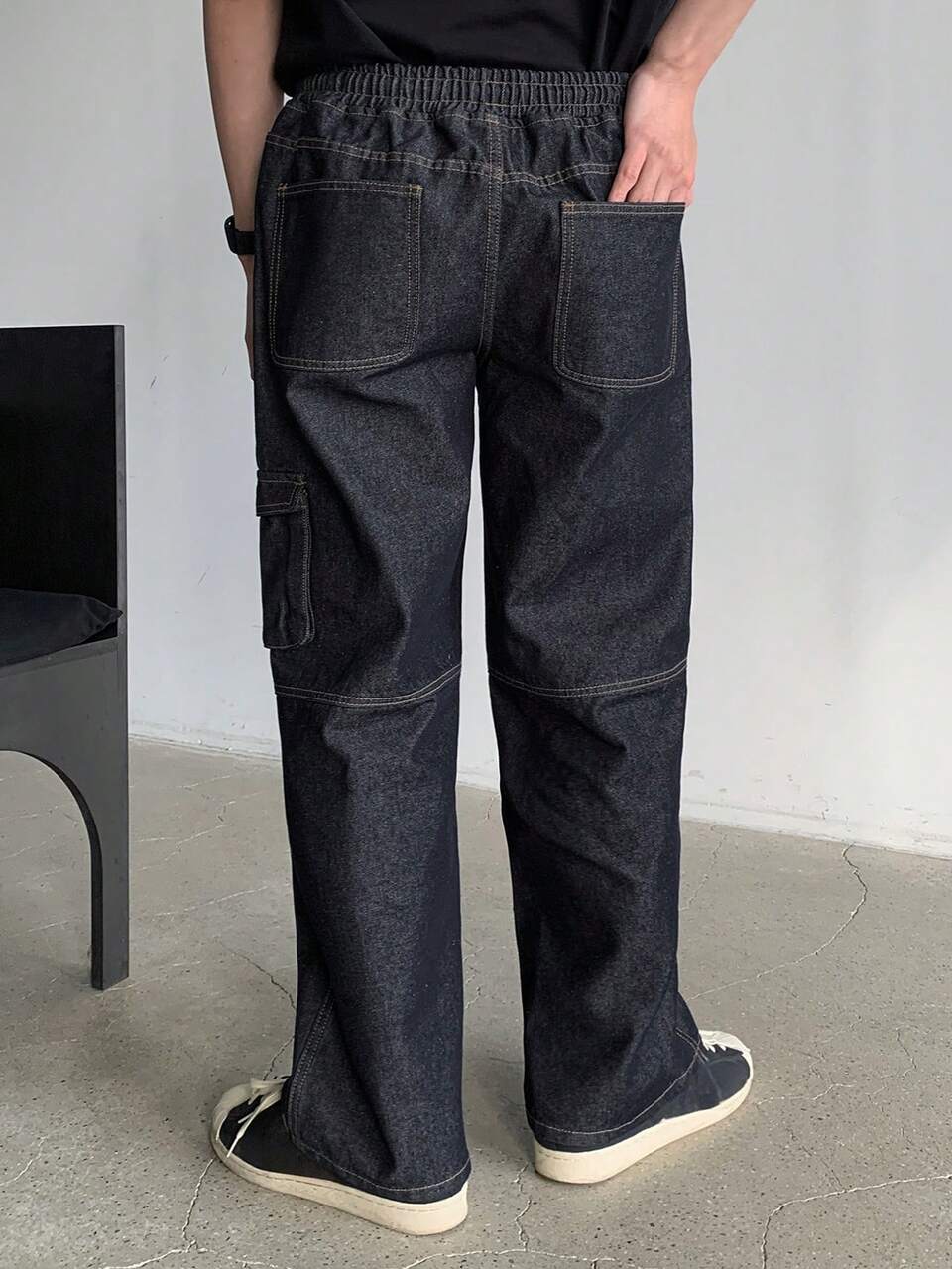 Men's Simple Front Lacing Pocket Casual Denim Jeans, Everyday Wear