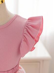 SHEIN Glamorique Kids 2 件装年轻女孩优雅盖袖上衣和刺绣网眼蝴蝶结装饰裙套装，适合派对、聚会、郊游、度假、夏季 - 粉色 - 查看 6