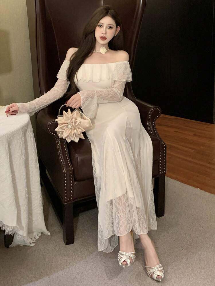 Elegant Women's Off Shoulder Long Sleeve Lace Patchwork Dress Elegant,Ruffle Maxi Dress