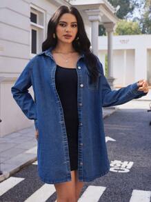 SHEIN Essnce Women's Denim Washed Raglan Long Sleeve Jacket - Medium Wash - View 5