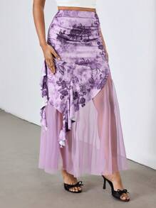 SHEIN Unity Purple Floral,Summer,Elegant,Party Mesh Insert Butterfly & Peony Print Bodycon Asymmetric Ruffle Hem Skirt With Waist Pleats, Retro Y2K Style - Purple - View 6