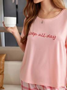 女士休闲圆领短袖上衣和长裤家居服套装 - 彩色 - 查看 8