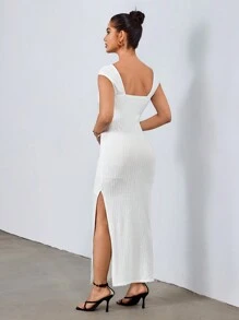 Chiquease Metal Buckle Accent Textured Split Hem Dress - White - View 2