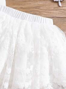 SHEIN Baby Girls 2Pcs Set Solid Color Knit Ruffle Sleeve Top And Mesh Skirt Outfit - White - View 3