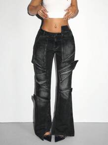 SHEIN ICON Women's Front Button Pocket Simple Casual Jeans, Everyday Wear - Black - View 2
