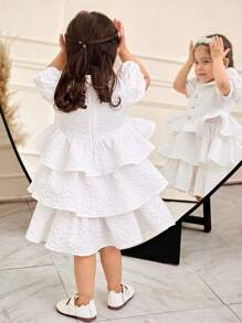 SHEIN Leap Crew Baby Girl Elegant Collared Puff Sleeve Ruffle Hem A-Line Dress - White - View 3