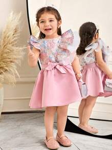SHEIN Baby Girl 2pcs Set Fitted Cute Round Neck Ruffle Cap Sleeve Shirt And Mini Skirt - Pink - View 1