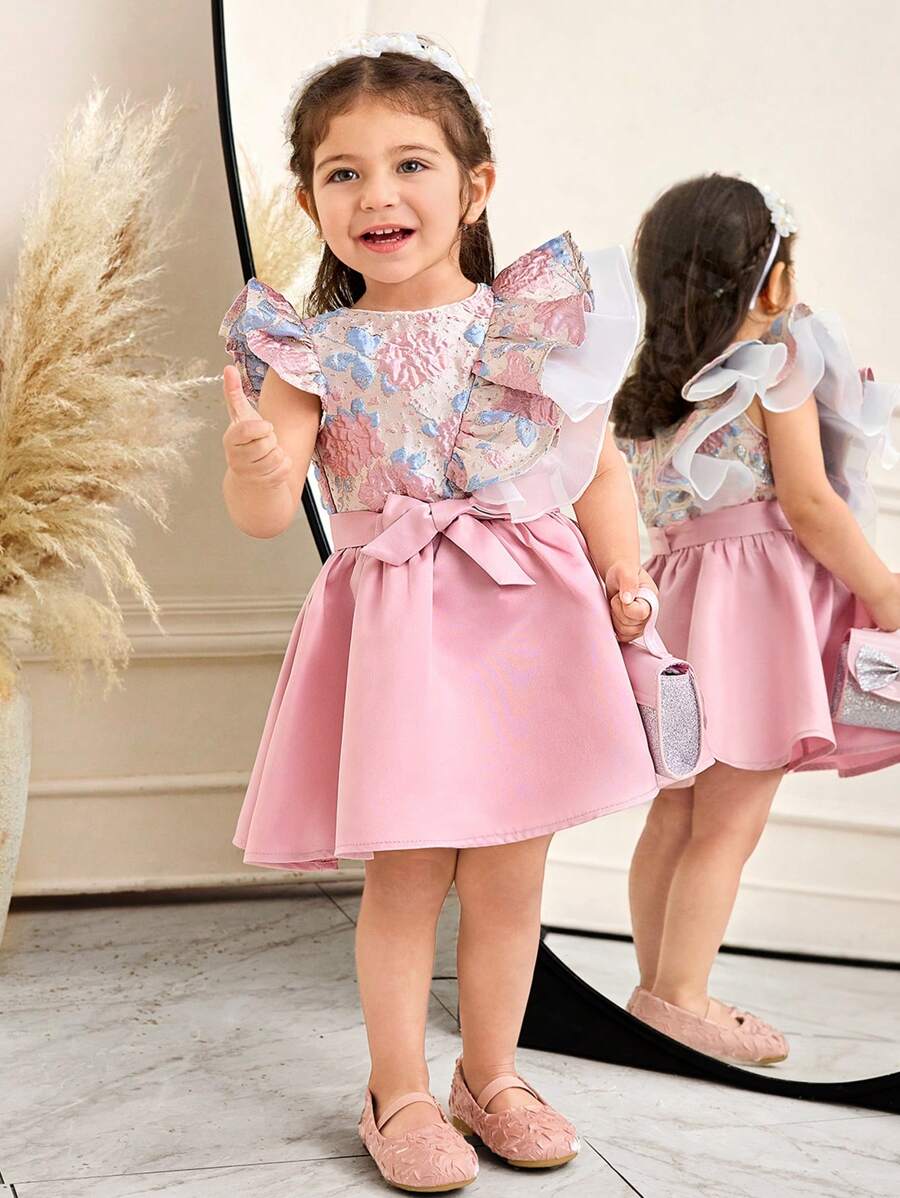 SHEIN Baby Girl 2pcs Set Fitted Cute Round Neck Ruffle Cap Sleeve Shirt And Mini Skirt - Pink - View 1
