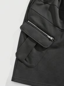 ROMWE MEN Men's Sporty Drawstring Waist Zip Pocket Casual Cargo Shorts - Black - View 3