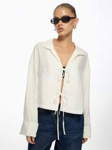 MISSGUIDED Linen Tie Front Blouse Long Sleeve Button Down Shirt Casual Lightweight Summer Spring Resort Wear Beach Cover Up Bohemian Style Office Wear - White - View 5