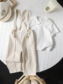 SHEIN Leap Crew 2 pièces/set Chemise casual à col claudine et salopette pour bébé garçon dans un style élégant, convient pour les occasions de printemps/été comme les anniversaires, baptêmes, 1er anniversaire, cérémonies, représentations, mariages
