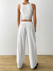 SHEIN EZwear 女士纯色腰部褶皱直筒休闲裤 - 白色 - 查看 2