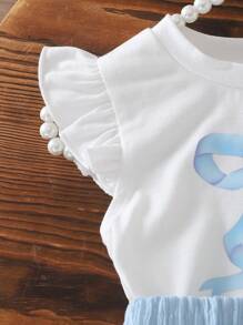 Infant Girl Korean Style Cute Butterfly Print Knit Ruffle Blouse And Woven Textured Skirt Set, Summer - Multicolor - View 3