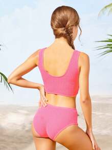 Tween Girl Ruffled Minimalist 2Pcs Swimwear Set - Hot Pink - View 2