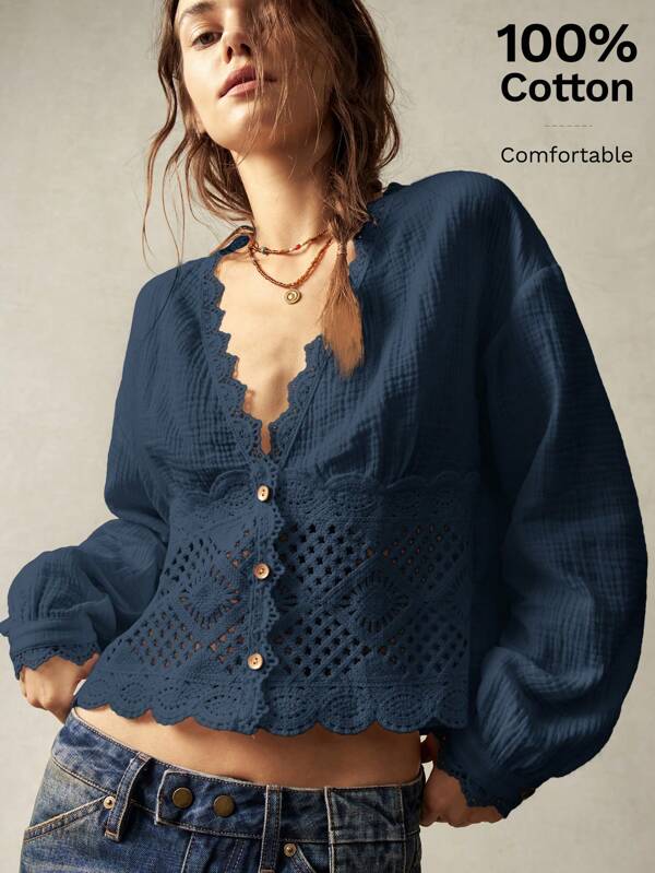 Bohemela Casual Solid Woven V-Neck Lantern Sleeve Lace Patchwork Loose Women's Blouse