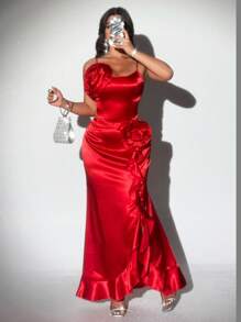 Viva Relle Plus Size Sexy Romantic Tube Top With 3D Flower Decor, 2pcs Set - Red - View 6