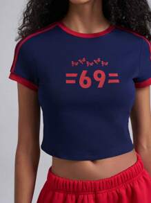 Easelle Baseball  Navy Blue Letter Print Short Sleeve Slim Fit Knit T-Shirt For Women 2025 Summer  Festival - Blue - View 4