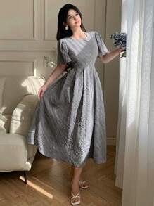 DAZY 女士优雅荷叶边袖 A 字中长连衣裙太阳裙，婚礼礼服 - 藍色 - 查看 8