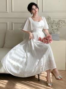 DAZY 女士方领荷叶边袖褶饰中长连衣裙