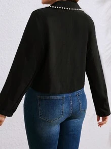 SHEIN LUNE Plus Size Solid Color Collar Bubble Pearl Long Sleeve Cropped Suit Jacket, Casual Resort Style, Spring/Autumn - Black - View 2