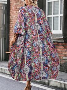 SHEIN LUNE 女士度假植物印花超长和服，适合夏季海滩度假