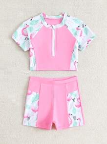 Young Girl Solid Color Splicing Front Button Short Sleeve Bikini Swimwear Set