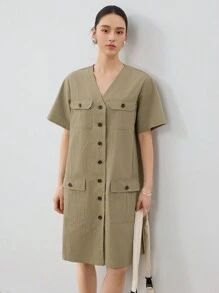 Dazy-Less Vestido de verão feminino estilo reto, estilo casual, com bolsos grandes e comprimento médio - Verde de Exercício - Ver 4