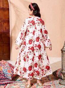 Tween Girls Abaya Kaftan Jalabiya 束腰外衣斋月当地传统保守服装，金色带领花朵宽松度假印花连衣裙 - 彩色 - 查看 2
