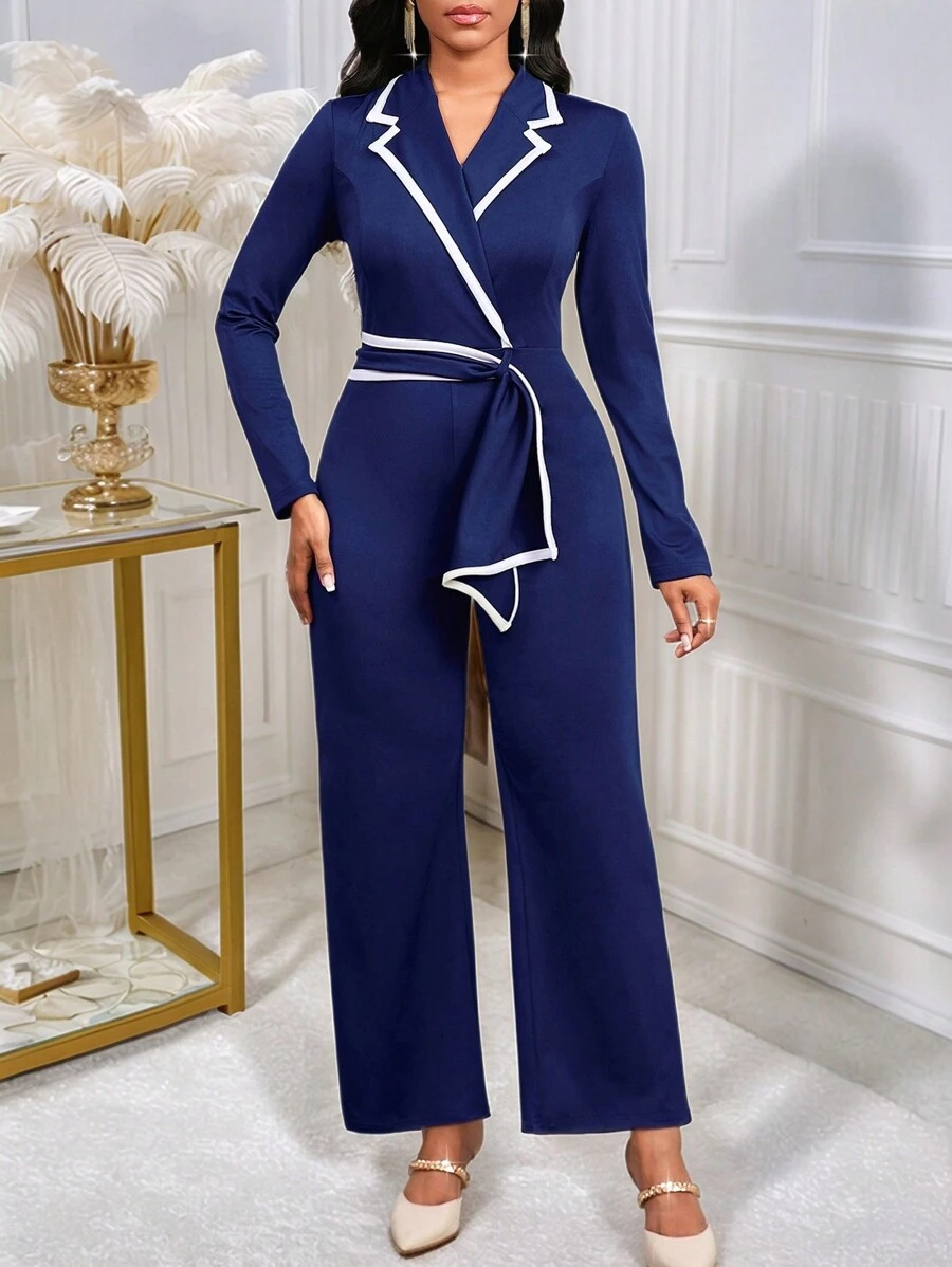 SHEIN Lady Bộ đồ liền thân cổ vest màu xanh nước biển, thiết kế viền tương phản, bộ đồ liền thân thẳng rộng rãi - Màu xanh hải quân - Xem 1