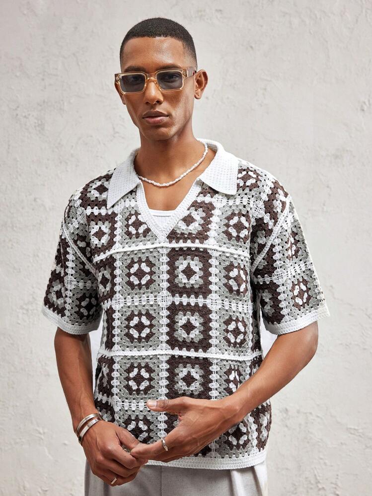 Party Men's Oversized Dropped Shoulder Turndown Collar Short Sleeve Knit Top, Suitable For Summer - Multicolor - View 2