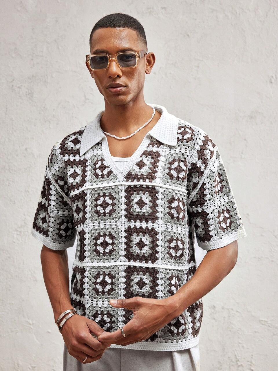 Men's Oversized Dropped Shoulder Turndown Collar Short Sleeve Knit Top, Suitable For Summer